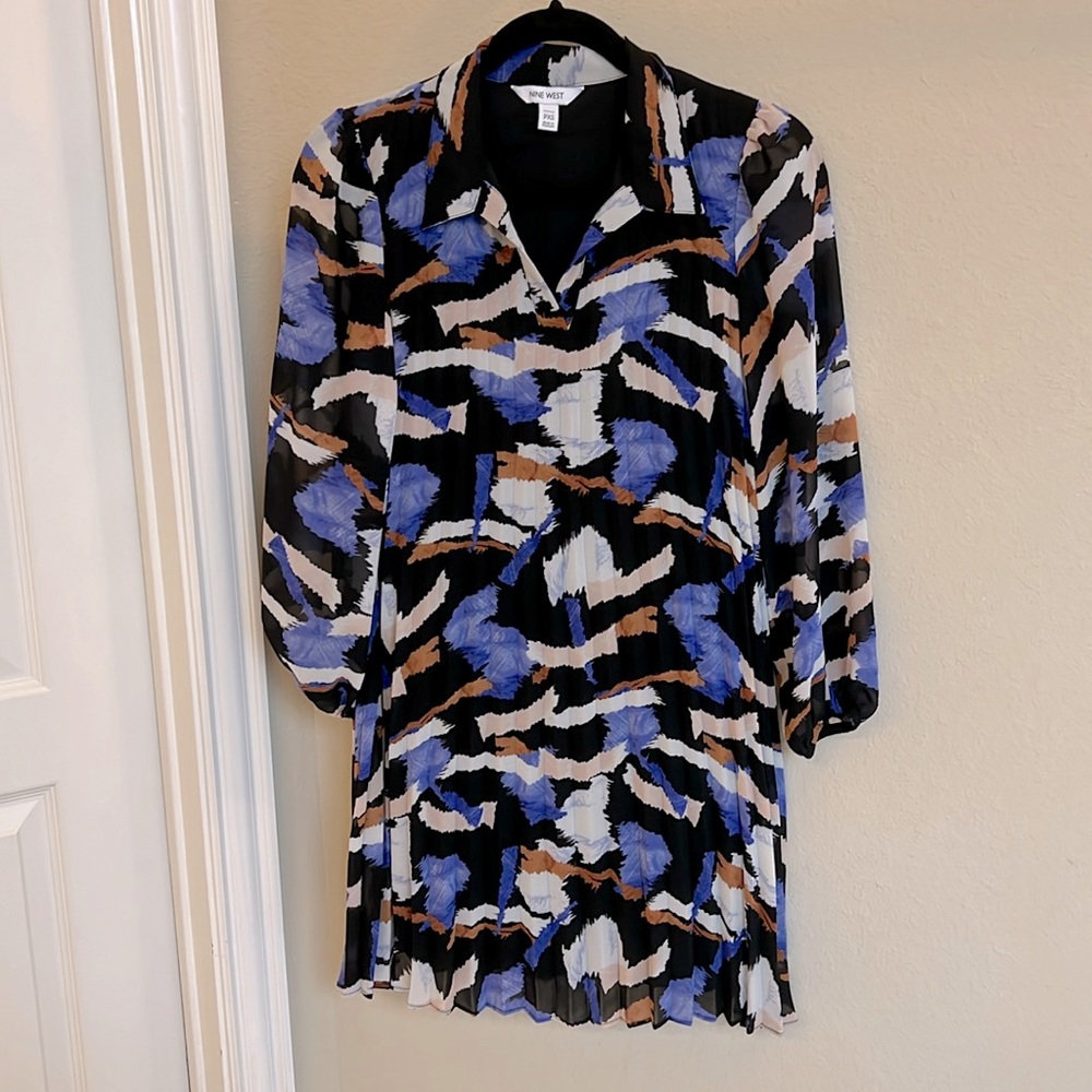 NWOT Nine West collared dress pleated abstract patterns sz PXS